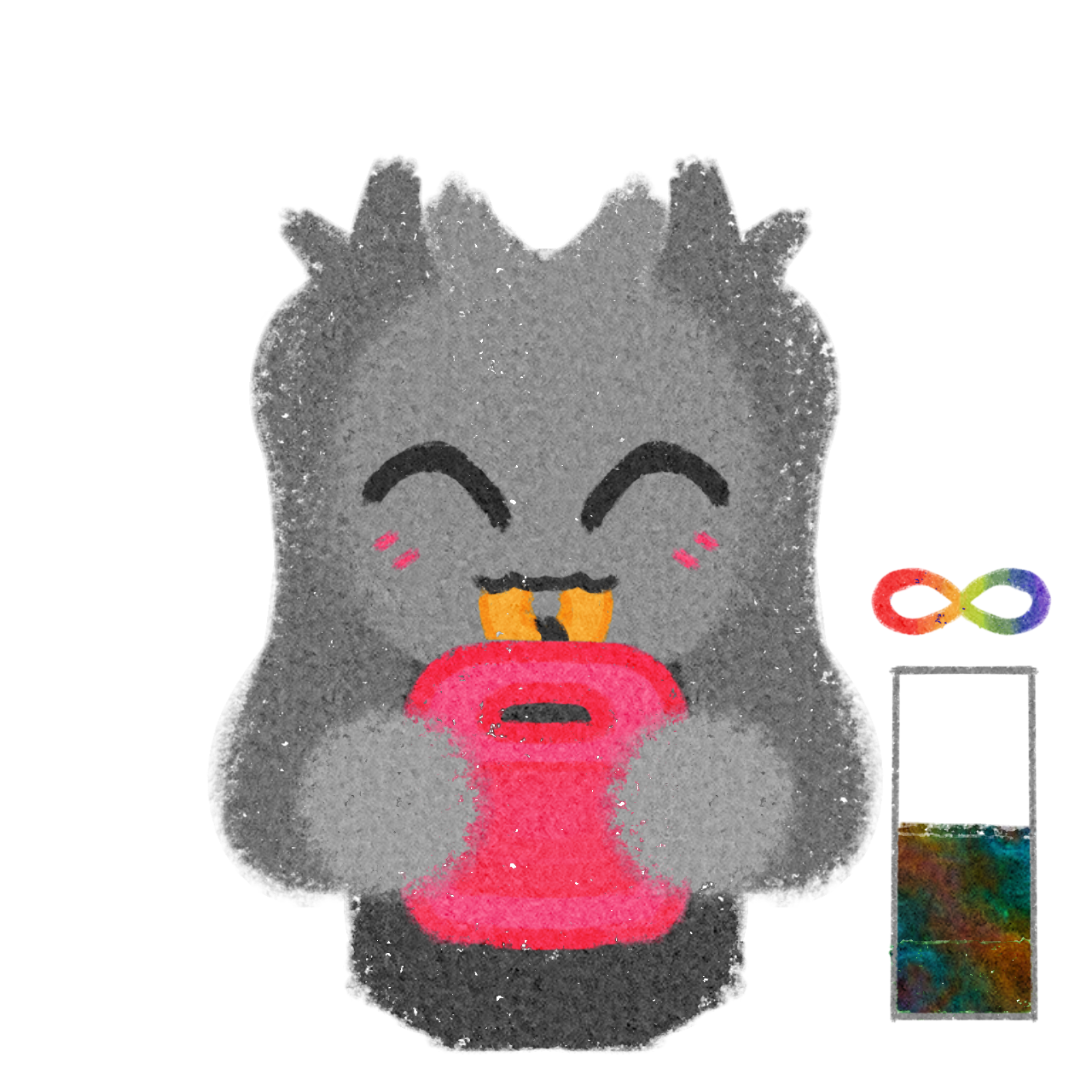 a cute, stylized, cartoonish bunny with fluffy gray fur and long floppy ears. The character has a happy expression, with closed eyes, blushing cheeks,  they are chewing on a yellow donut chewlery, and is holding a pink AAC device. To the right of the character is a rainbow-colored infinity symbol and a rectangular bar with a rainbow gradient filling up from the bottom now half full.